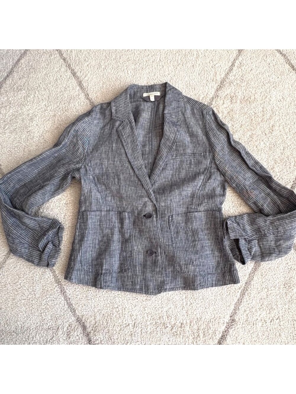Eileen Fisher 100% Linen Pinstripe Blazer Jacket Cropped Gray Blue Lightweight P